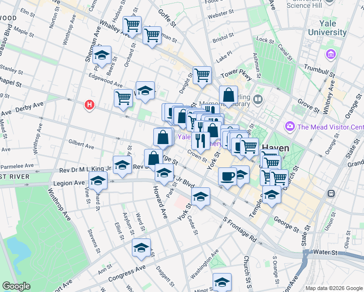map of restaurants, bars, coffee shops, grocery stores, and more near 379 Crown Street in New Haven