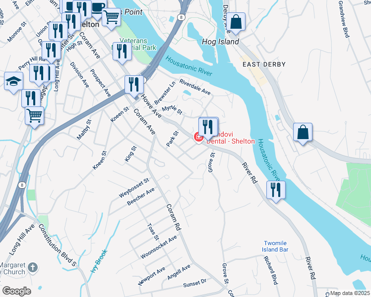 map of restaurants, bars, coffee shops, grocery stores, and more near 25 Crescent Street in Shelton
