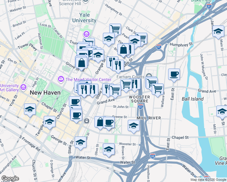 map of restaurants, bars, coffee shops, grocery stores, and more near 83 Lyon Street in New Haven