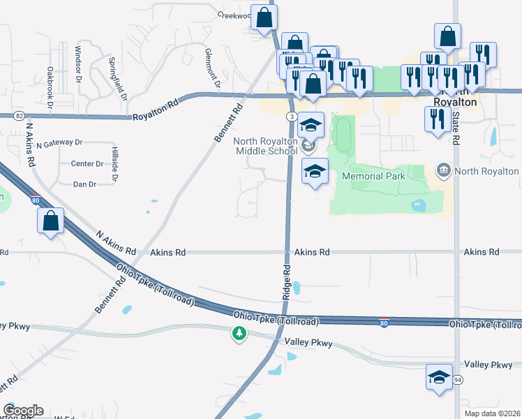 map of restaurants, bars, coffee shops, grocery stores, and more near 14921 Royal Ridge Lane in North Royalton