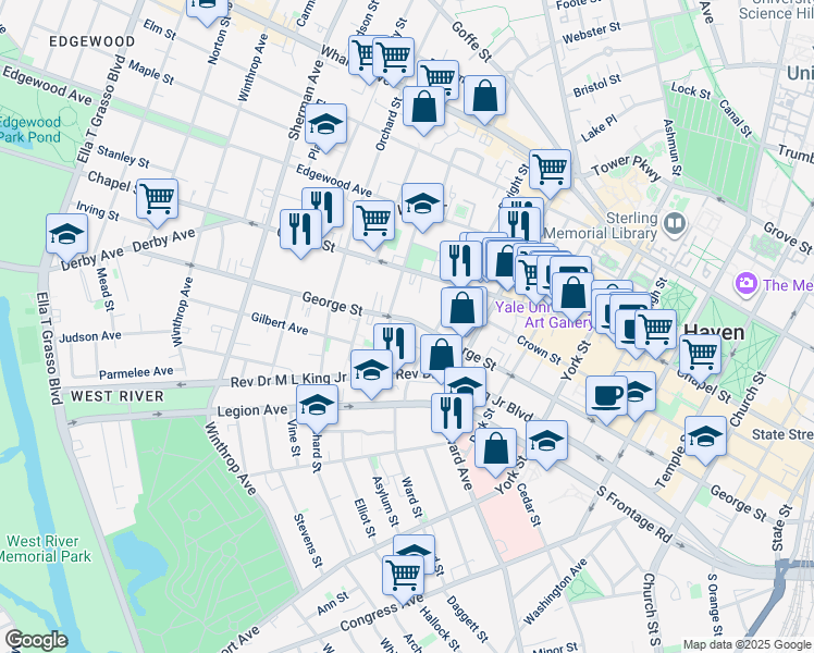 map of restaurants, bars, coffee shops, grocery stores, and more near 518 George Street in New Haven