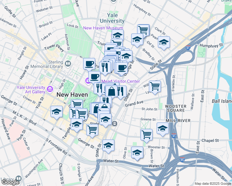 map of restaurants, bars, coffee shops, grocery stores, and more near 280 Orange Street in New Haven
