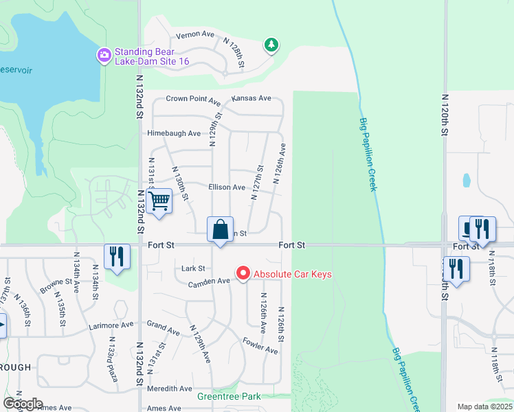 map of restaurants, bars, coffee shops, grocery stores, and more near 5515 North 127th Street in Omaha