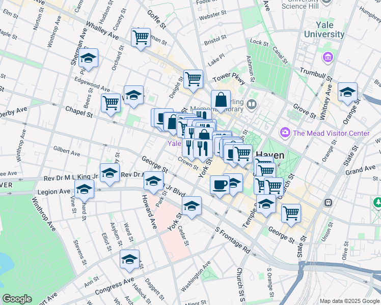 map of restaurants, bars, coffee shops, grocery stores, and more near 173 Park Street in New Haven