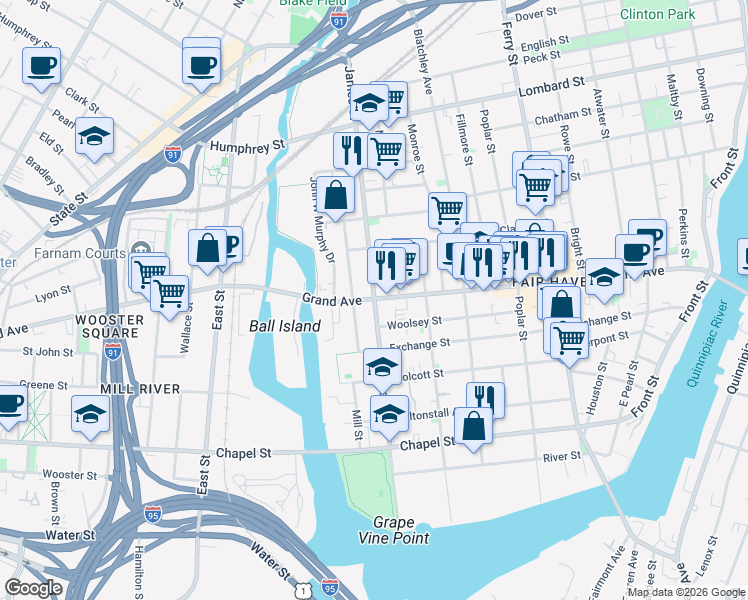 map of restaurants, bars, coffee shops, grocery stores, and more near Grand Avenue & James Street in New Haven