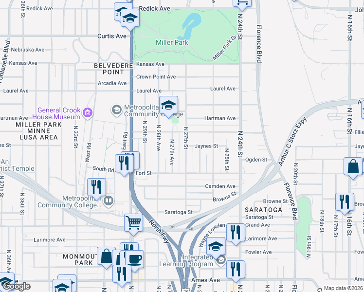 map of restaurants, bars, coffee shops, grocery stores, and more near 5362 North 27th Street in Omaha