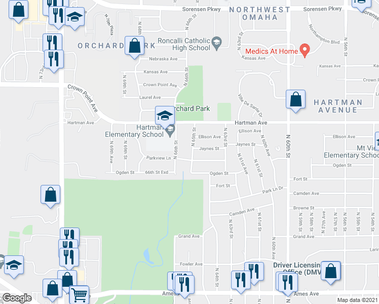 map of restaurants, bars, coffee shops, grocery stores, and more near 5518 North 65th Street in Omaha