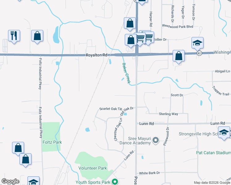 map of restaurants, bars, coffee shops, grocery stores, and more near 21260 Morris Drive in Strongsville