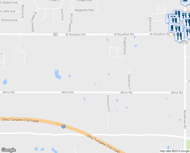 map of restaurants, bars, coffee shops, grocery stores, and more near 2538 Akins Road in Broadview Heights