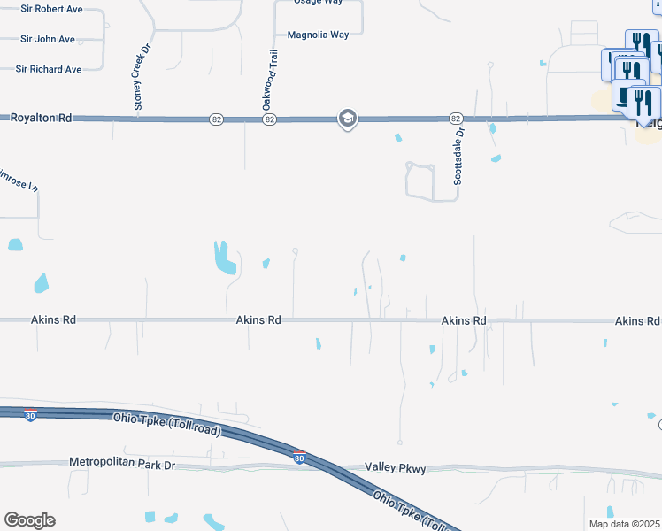 map of restaurants, bars, coffee shops, grocery stores, and more near 2538 Akins Road in Broadview Heights