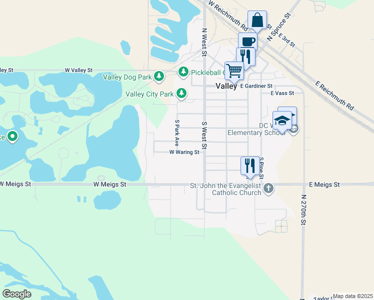 map of restaurants, bars, coffee shops, grocery stores, and more near 212 West Waring Street in Valley