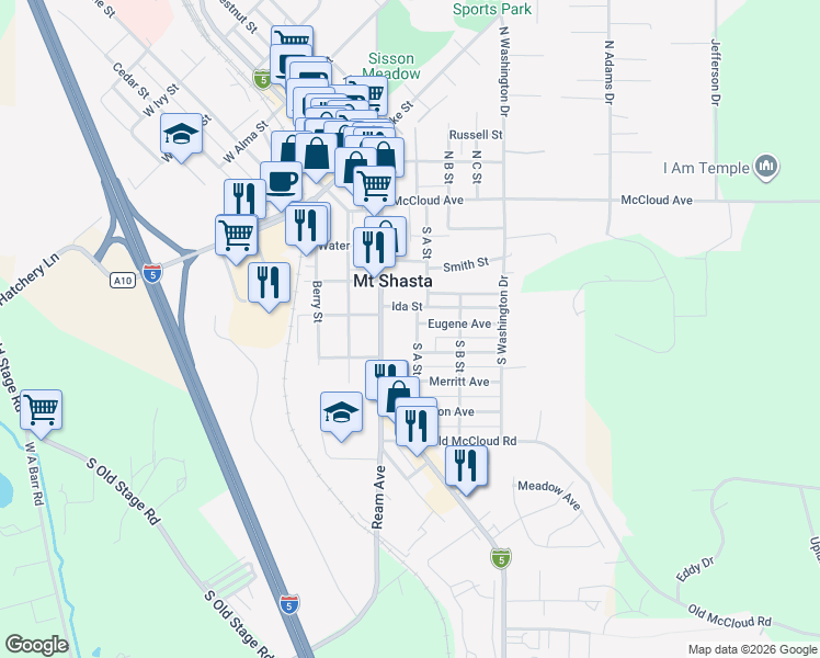 map of restaurants, bars, coffee shops, grocery stores, and more near 601 South A Street in Mount Shasta
