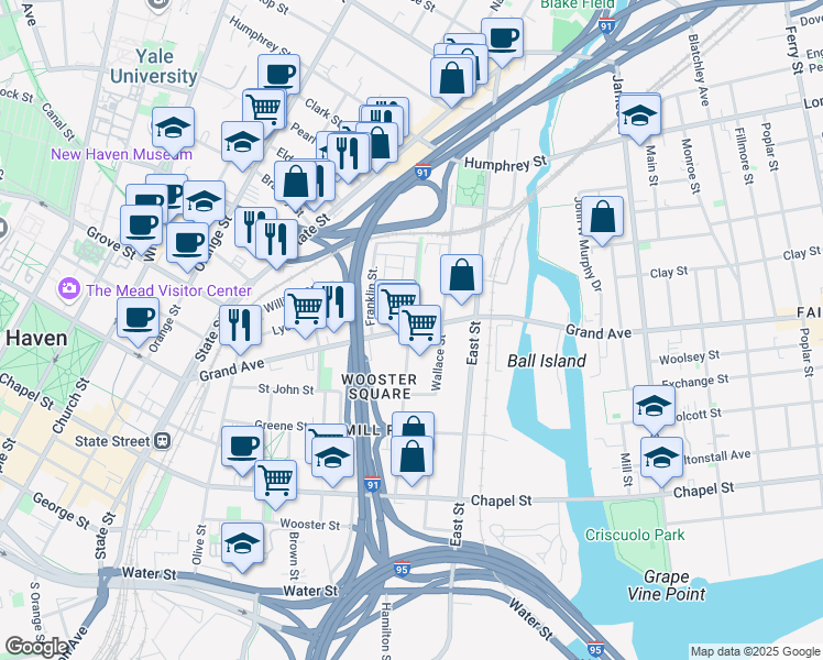 map of restaurants, bars, coffee shops, grocery stores, and more near 630 Grand Avenue in New Haven