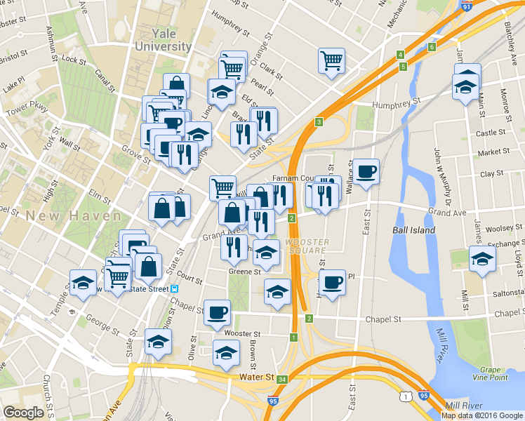 map of restaurants, bars, coffee shops, grocery stores, and more near 44 Lyon Street in New Haven