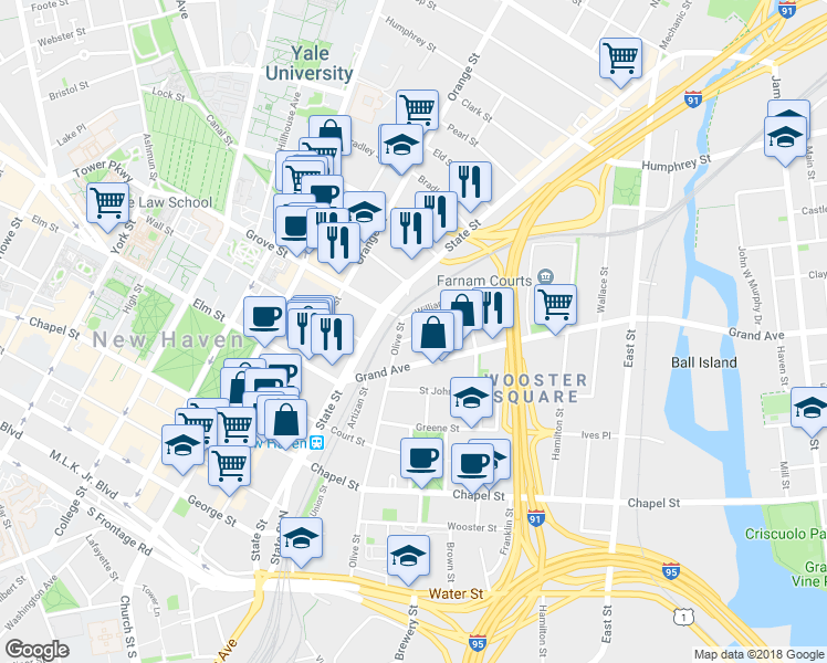 map of restaurants, bars, coffee shops, grocery stores, and more near 83 Lyon Street in New Haven