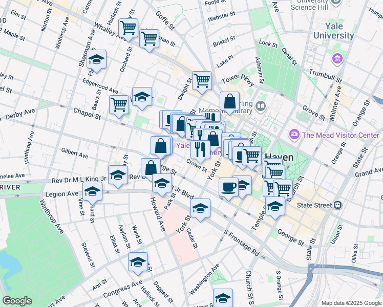 map of restaurants, bars, coffee shops, grocery stores, and more near 379 Crown Street in New Haven