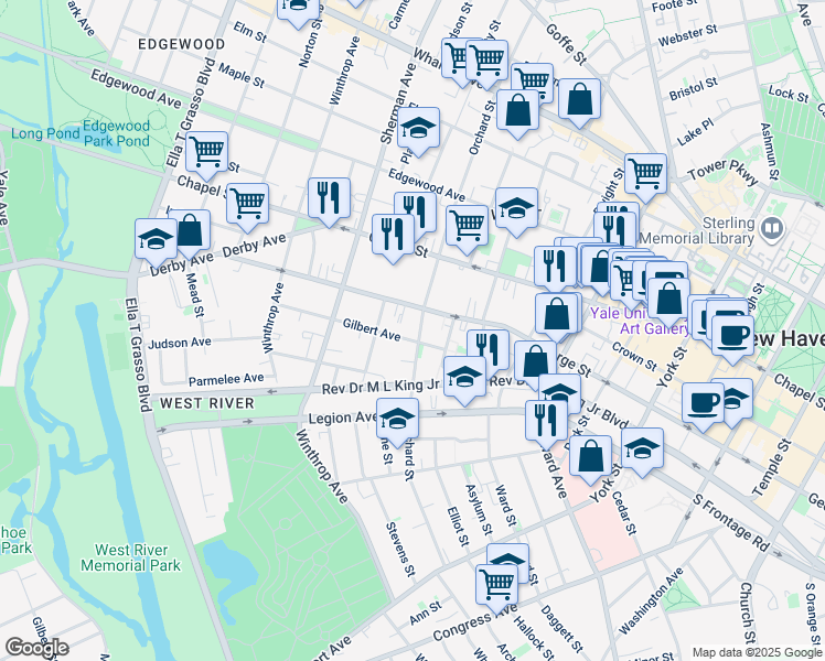 map of restaurants, bars, coffee shops, grocery stores, and more near 255 Orchard Street in New Haven