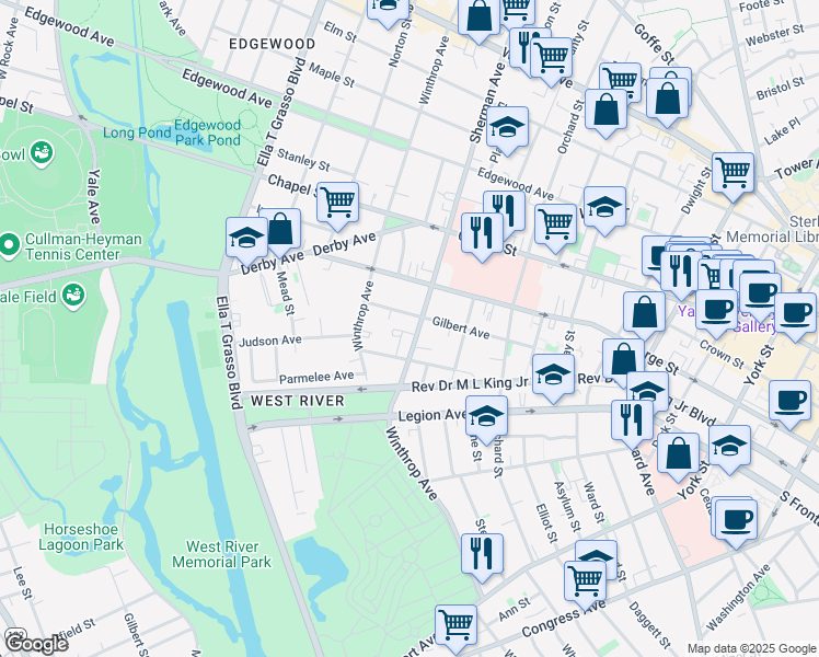 map of restaurants, bars, coffee shops, grocery stores, and more near 146 Gilbert Avenue in New Haven