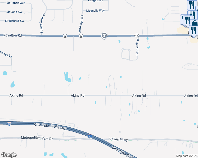 map of restaurants, bars, coffee shops, grocery stores, and more near 2538 Akins Road in Broadview Heights