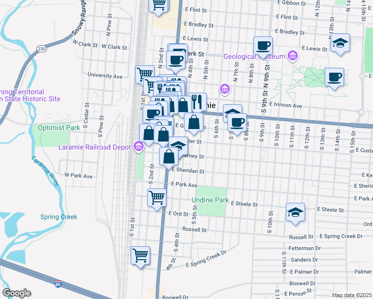 map of restaurants, bars, coffee shops, grocery stores, and more near 513 South 4th Street in Laramie