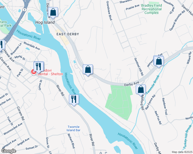 map of restaurants, bars, coffee shops, grocery stores, and more near 114 New Haven Avenue in Derby