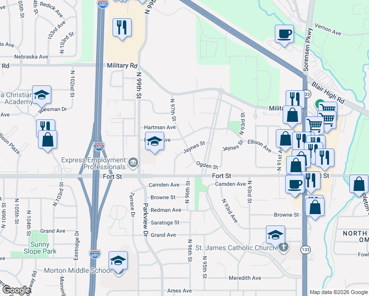map of restaurants, bars, coffee shops, grocery stores, and more near 9706 Jaynes Street in Omaha