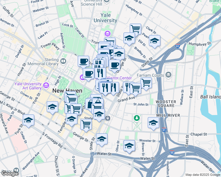 map of restaurants, bars, coffee shops, grocery stores, and more near 22 Wall Street in New Haven