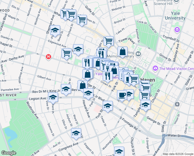 map of restaurants, bars, coffee shops, grocery stores, and more near 401 Crown Street in New Haven
