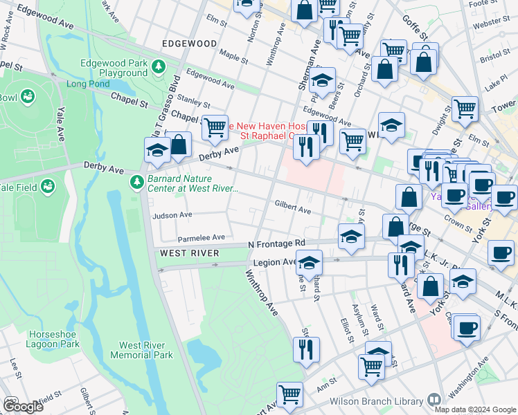 map of restaurants, bars, coffee shops, grocery stores, and more near 80 Sherman Avenue in New Haven