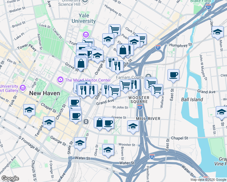 map of restaurants, bars, coffee shops, grocery stores, and more near 83 Lyon Street in New Haven