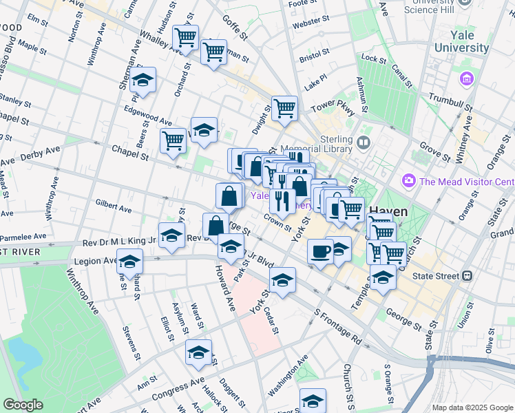 map of restaurants, bars, coffee shops, grocery stores, and more near 379 Crown Street in New Haven