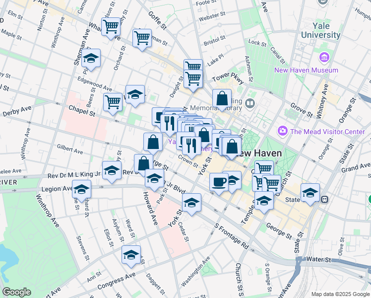 map of restaurants, bars, coffee shops, grocery stores, and more near 172 Park Street in New Haven