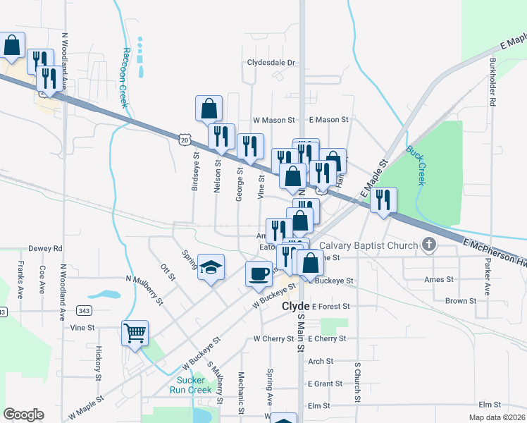 map of restaurants, bars, coffee shops, grocery stores, and more near 930 Vine Street in Clyde