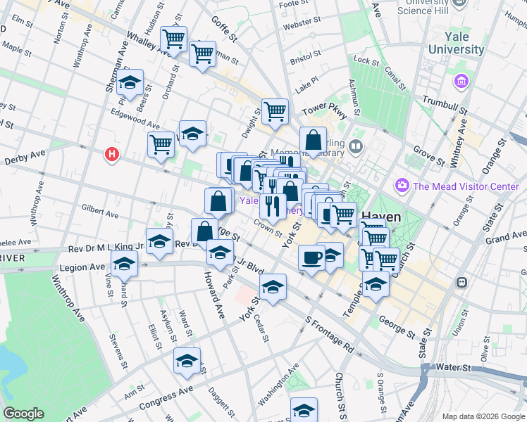 map of restaurants, bars, coffee shops, grocery stores, and more near 170 Park Street in New Haven