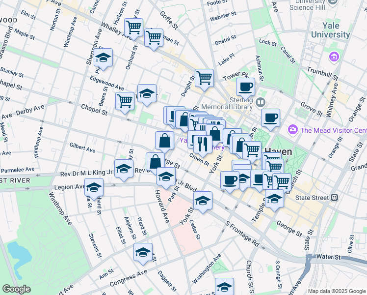 map of restaurants, bars, coffee shops, grocery stores, and more near 401 Crown Street in New Haven