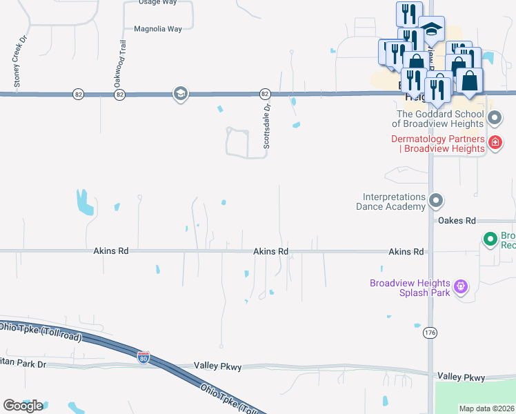 map of restaurants, bars, coffee shops, grocery stores, and more near 2022 Akins Road in Broadview Heights