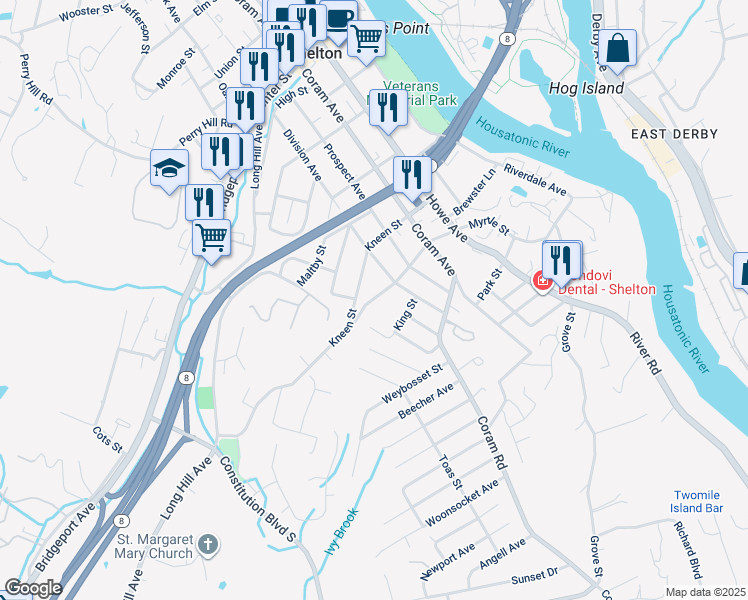 map of restaurants, bars, coffee shops, grocery stores, and more near 230 Myrtle Street in Shelton
