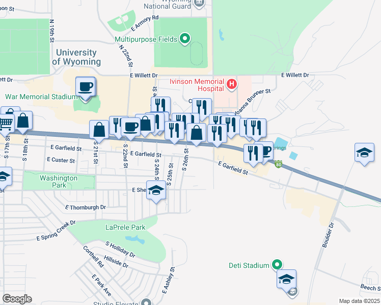 map of restaurants, bars, coffee shops, grocery stores, and more near 2605 East Garfield Street in Laramie