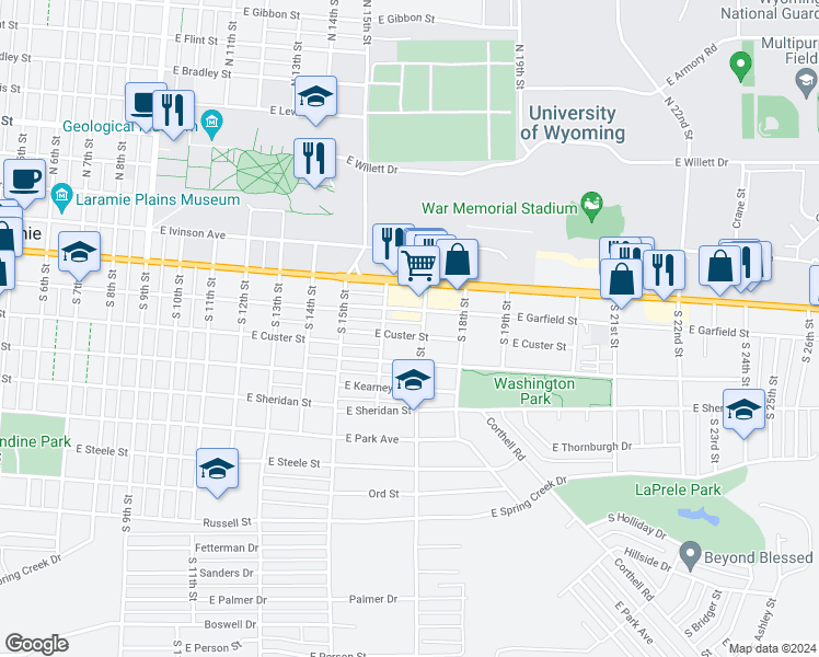 map of restaurants, bars, coffee shops, grocery stores, and more near 1617 East Custer Street in Laramie