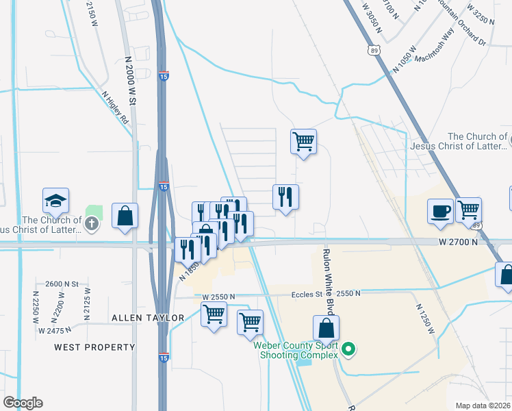 map of restaurants, bars, coffee shops, grocery stores, and more near 1700 West 2700 North in Pleasant View
