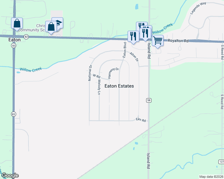 map of restaurants, bars, coffee shops, grocery stores, and more near 12395 Harmony Drive in Grafton