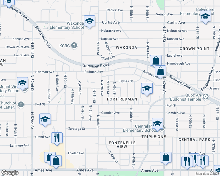 map of restaurants, bars, coffee shops, grocery stores, and more near 5341 North 47th Street in Omaha
