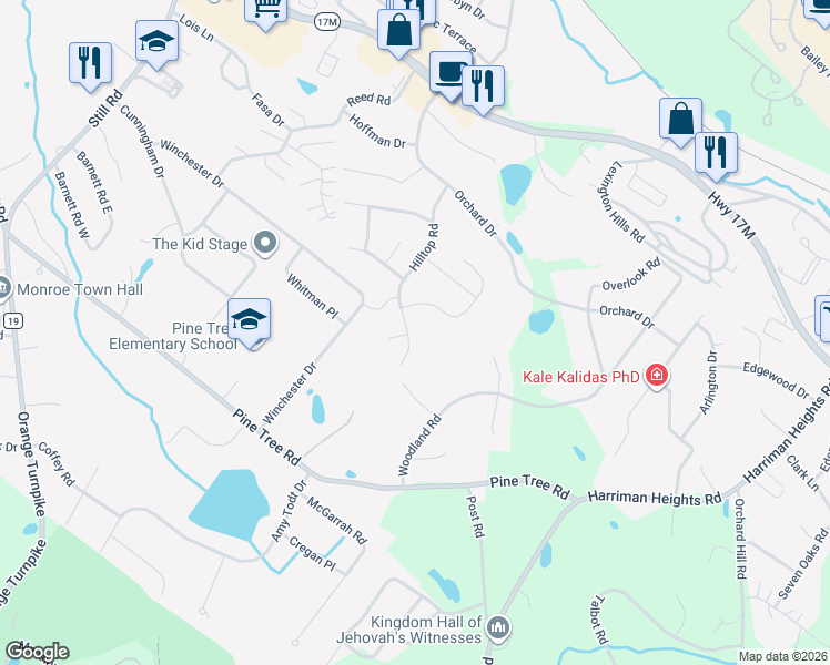 map of restaurants, bars, coffee shops, grocery stores, and more near 169 Hilltop Road in Monroe
