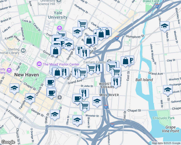 map of restaurants, bars, coffee shops, grocery stores, and more near 44 Lyon Street in New Haven