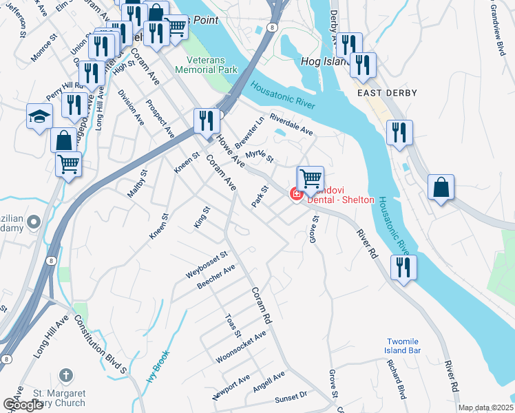 map of restaurants, bars, coffee shops, grocery stores, and more near 54 Highland Avenue in Shelton