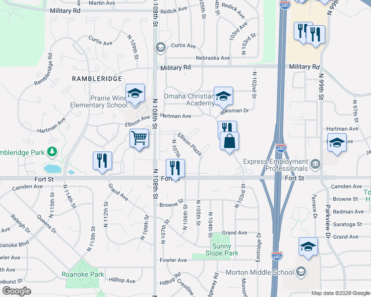 map of restaurants, bars, coffee shops, grocery stores, and more near 10535 Ellison Plaza in Omaha