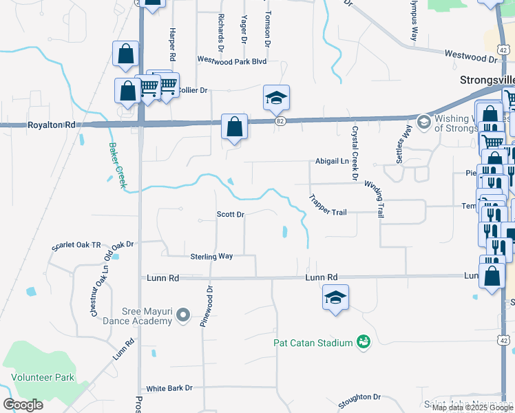 map of restaurants, bars, coffee shops, grocery stores, and more near 20328 Scott Drive in Strongsville