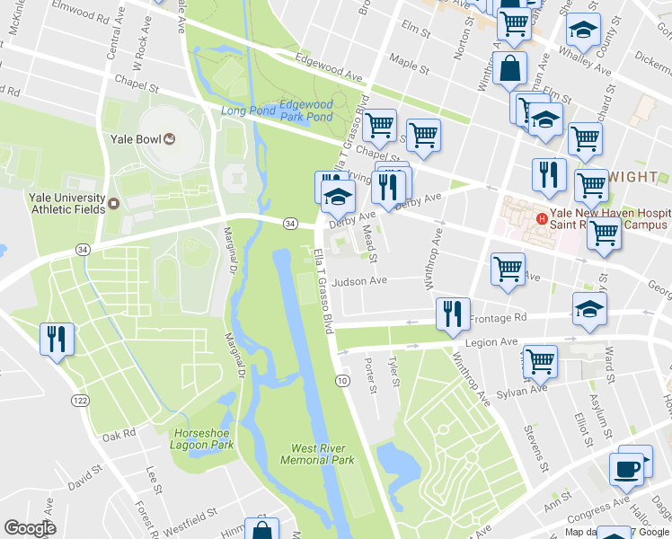 map of restaurants, bars, coffee shops, grocery stores, and more near 115 Judson Avenue in New Haven