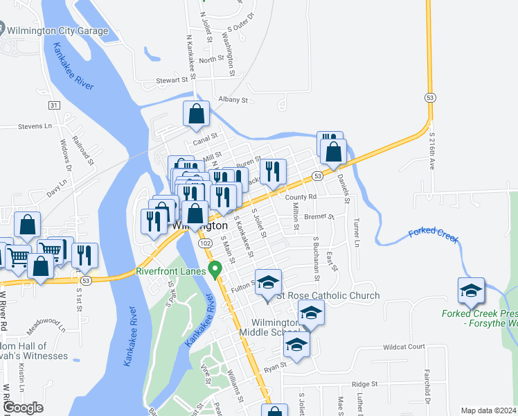 map of restaurants, bars, coffee shops, grocery stores, and more near 109 South Joliet Street in Wilmington