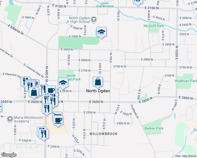 map of restaurants, bars, coffee shops, grocery stores, and more near 2713 North 650 East in North Ogden